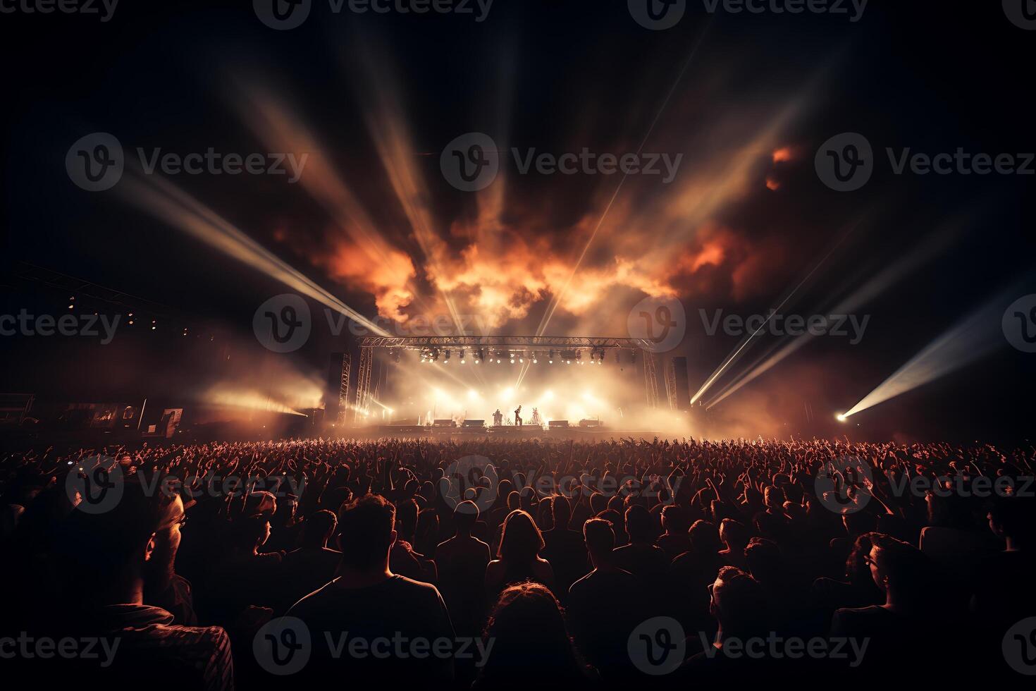 Group of people at a concert crowd. With party lights and smoke. AI Generated photo