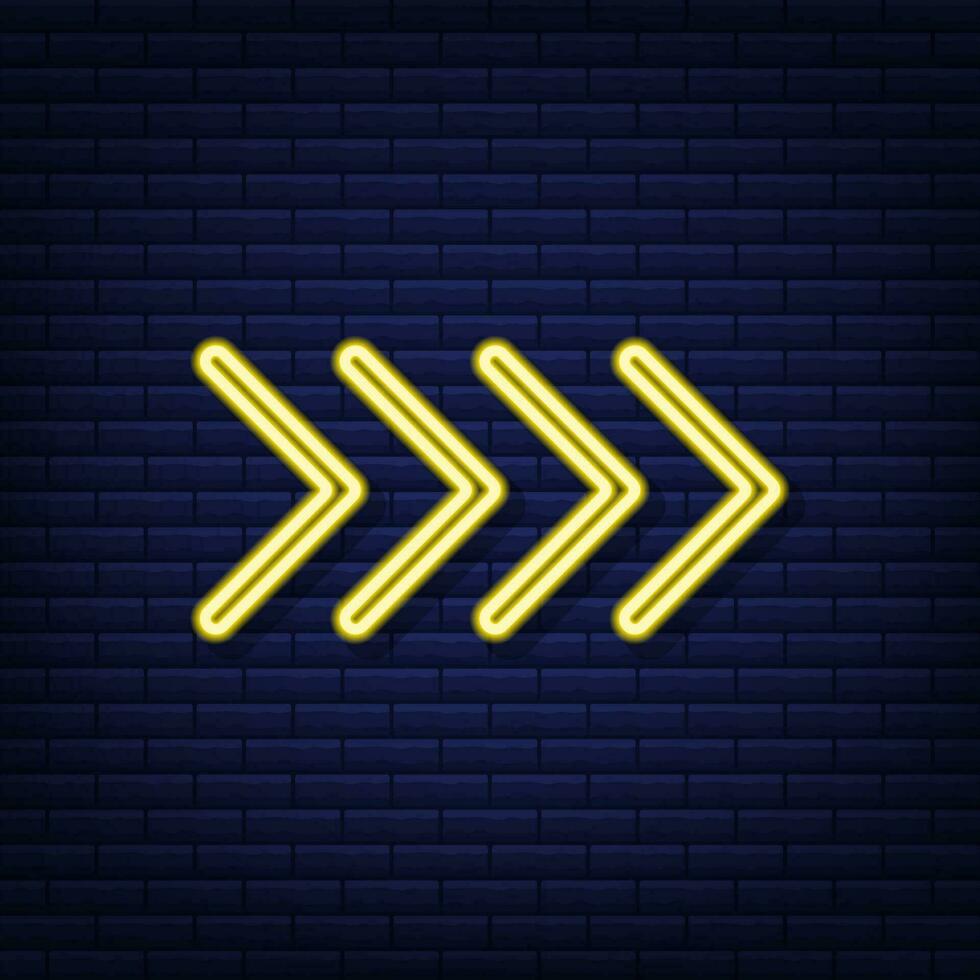 Template with yellow arrow neon on blue background. Neon glowing arrow pointer. Vector stock illustration