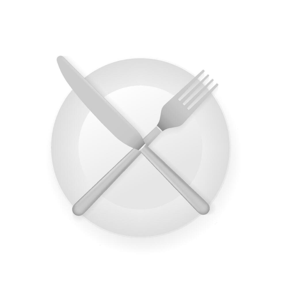 Intermittent fasting concept with knife and fork on white plate showing, cross symbol vector