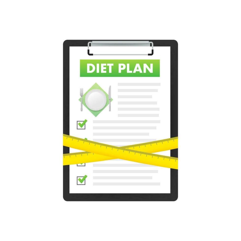 Diet plan on white background. Health lifestyle, fitness. Top view. vector
