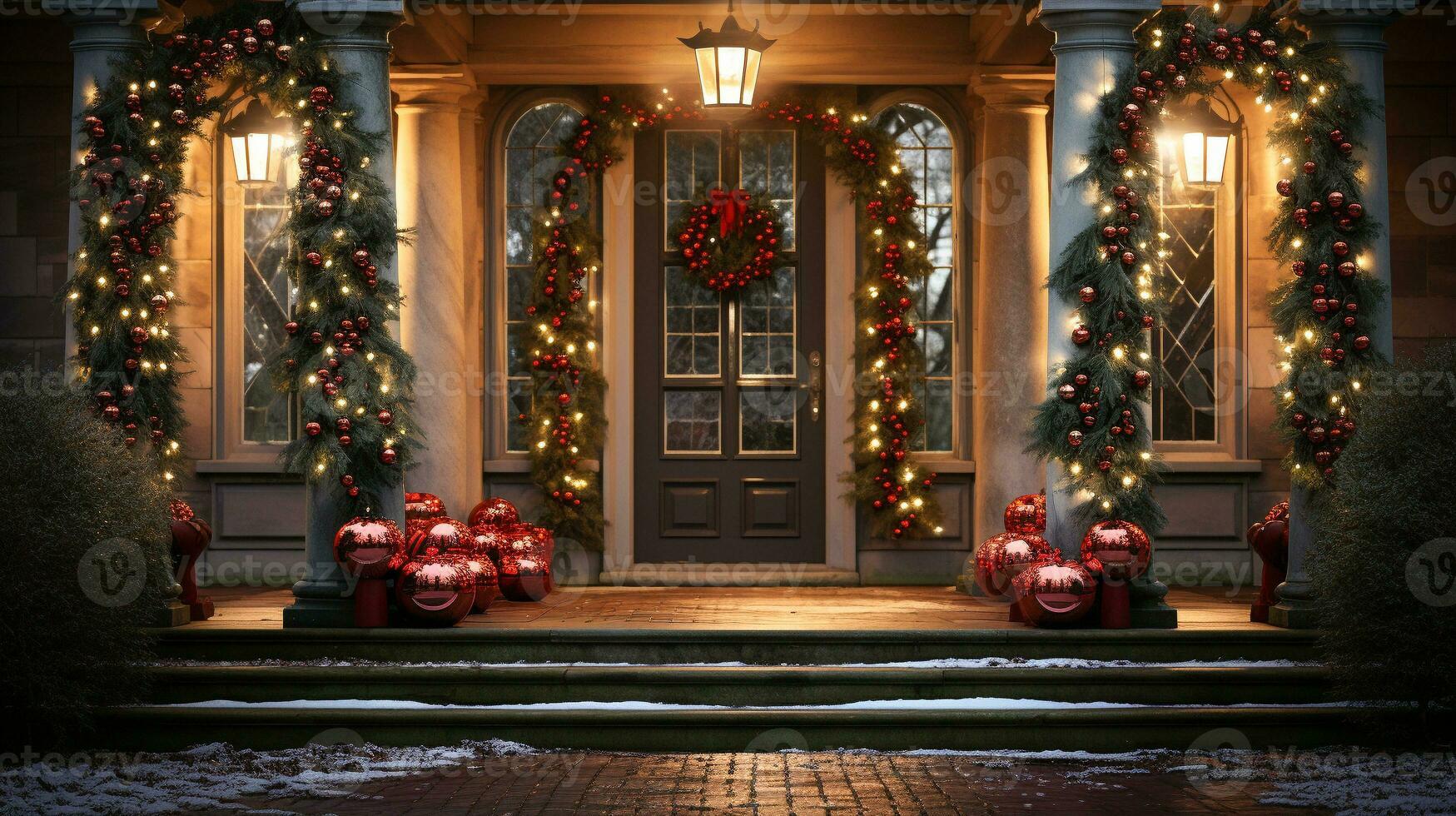 Beautiful Christmas decorated front door and porch of a house on a winter evening. Generative AI. photo