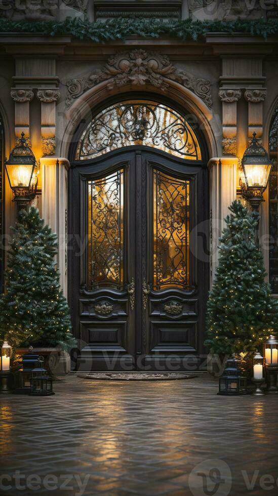 Beautiful Christmas decorated front door and porch of a house on a winter evening. Generative AI. photo