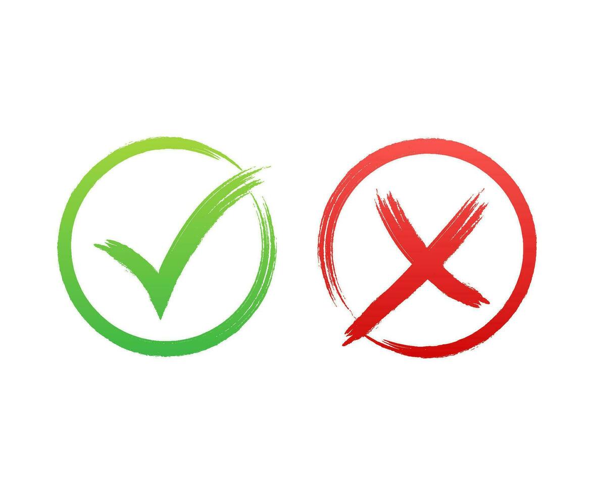 Tick and cross signs. Green checkmark OK and red X icon. Symbols YES and NO button for vote. Vector stock illustration