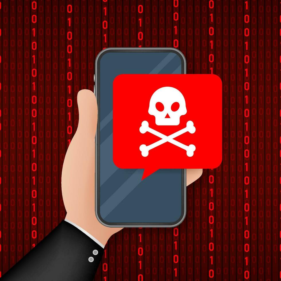 Attack. Smartphone with speech bubble and skull and crossbones on screen. Threats, mobile malware, spam messages. Vector stock illustration