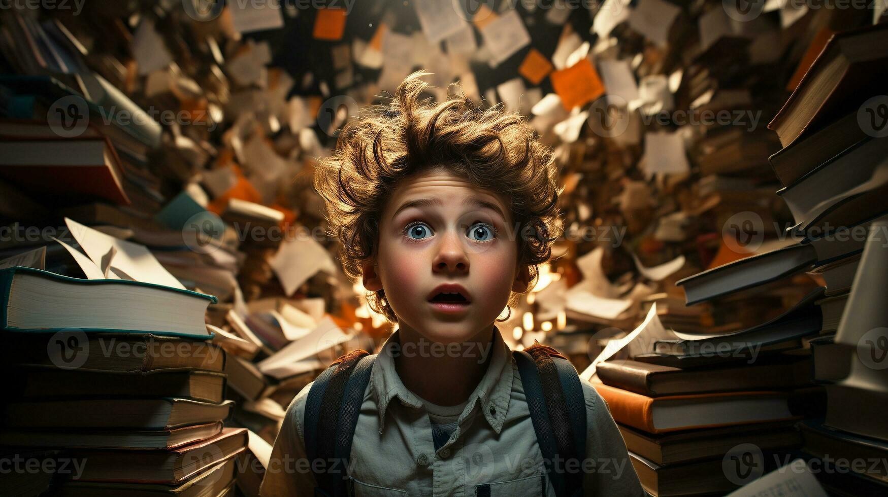 Young boy student sitting stunned and overwhelmed amidst a never ending pile of books and papers surrounding him - Generative AI. photo