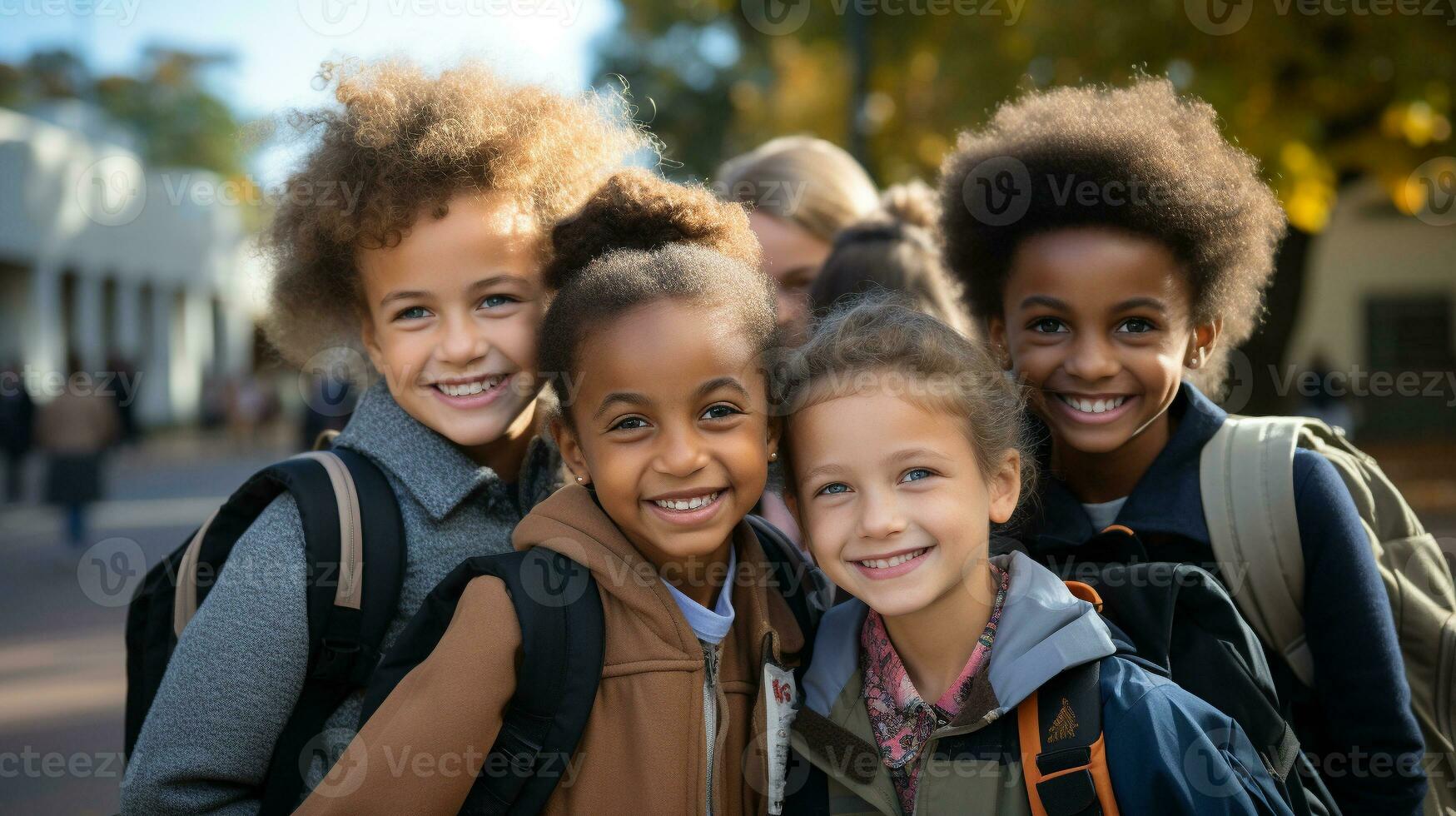 Happy and excited multi-ethnic young children students walking on the campus of their school - Generative AI. photo