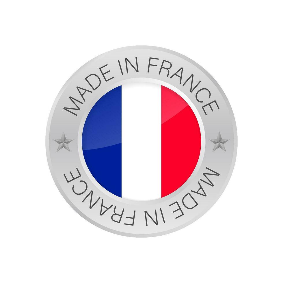 lustroso metal Insignia icono, hecho en Francia con bandera. vector valores ilustración
