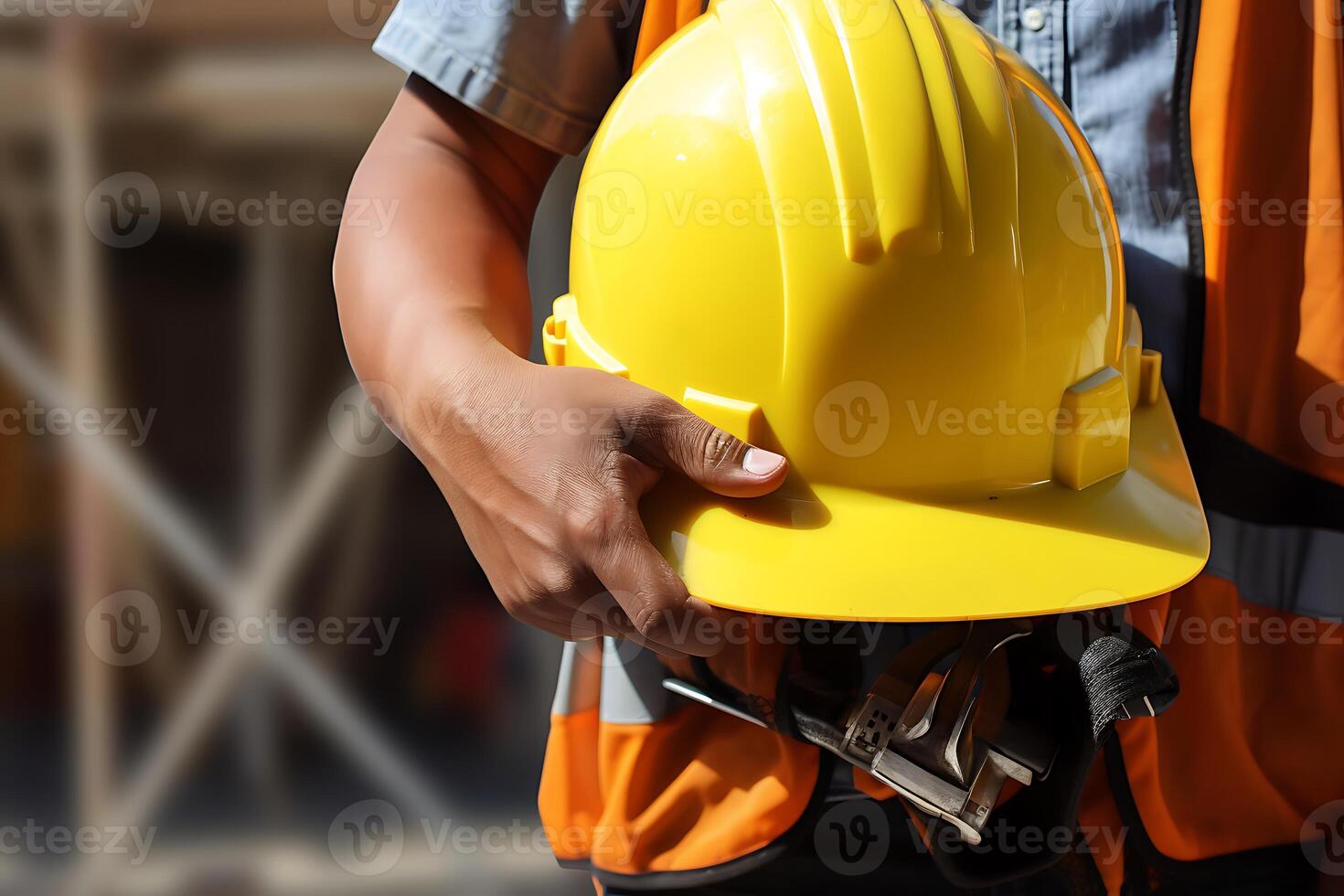 A Man holding construction helmet from front view. AI Generated. photo