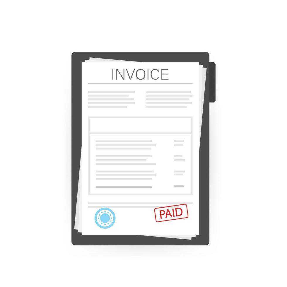 Invoice with paid stamp in clipboard. Vector stock illustration