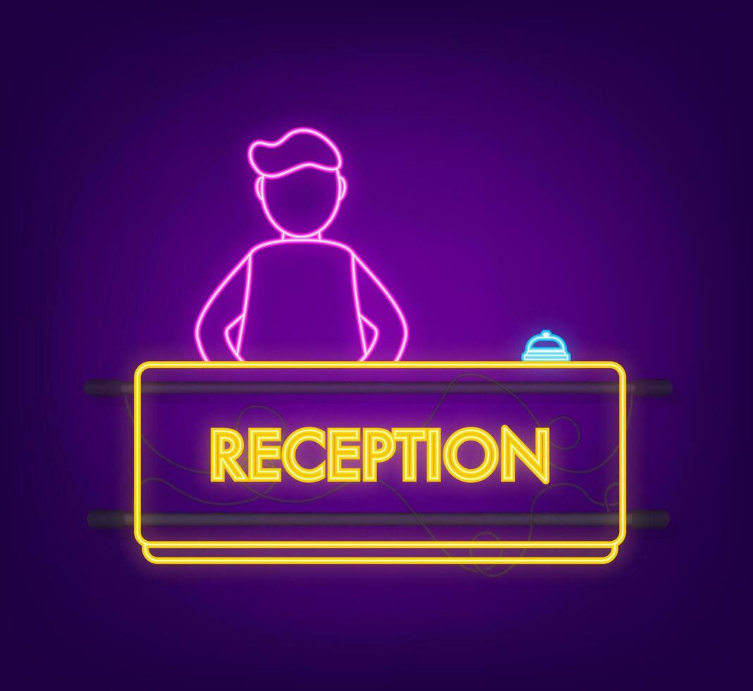 Realistic gold icon of reception bell and man on white backdrop. Neon icon. Customer help. vector