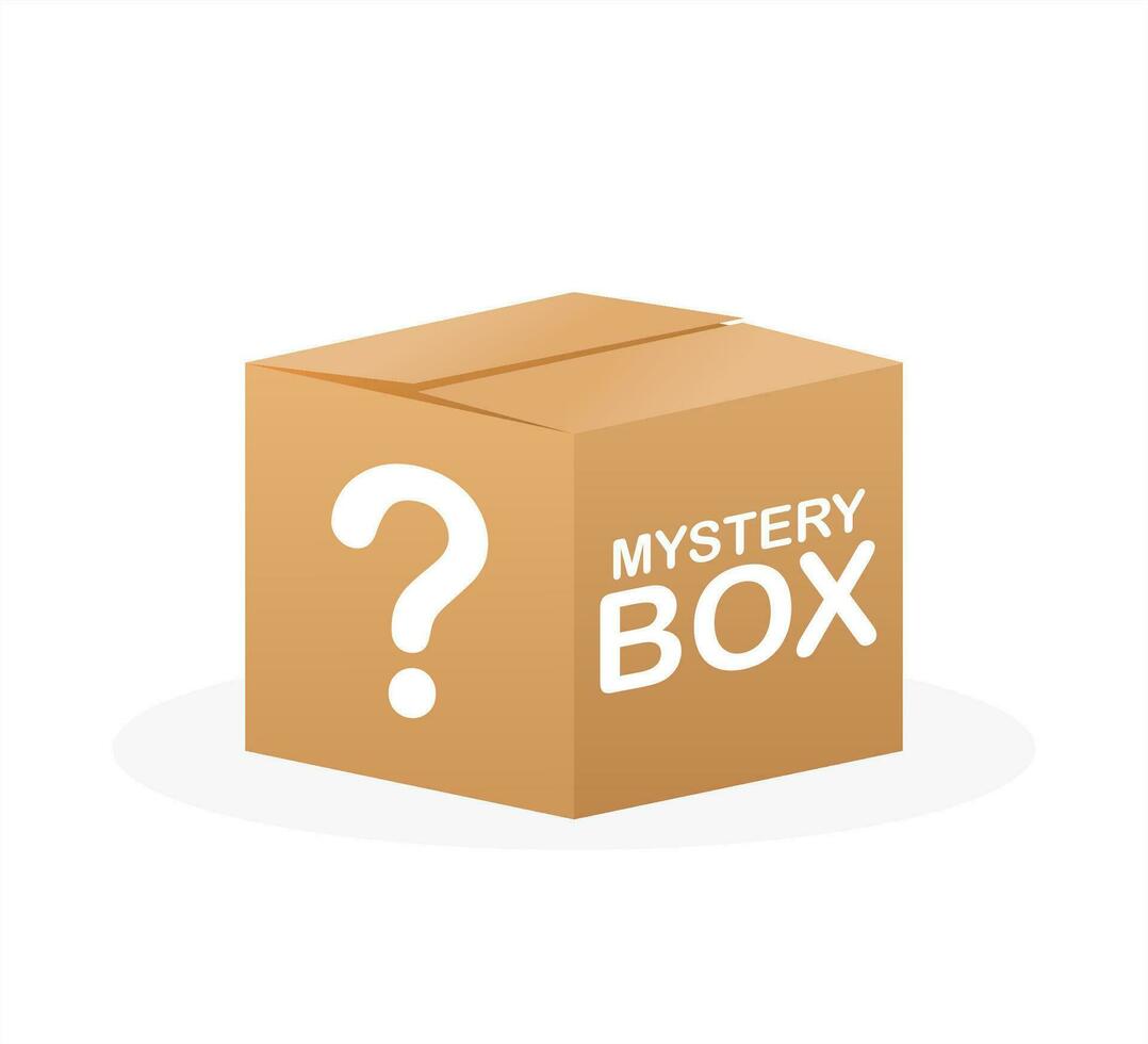 Mystery box. Packaging for concept design. Surprise present. Package design. Help symbol. Question mark icon. Vector stock illustration