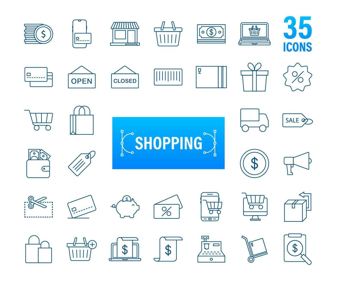 Shopping set icon for web design. E commerce. Discount coupon. Business icon. Price tag. Line vector. Vector stock illustration