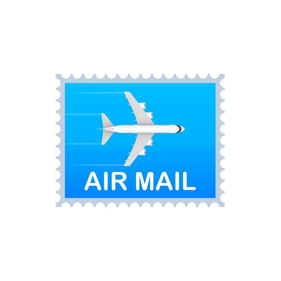 Blue Air mail stamp and airplane on blue background. Vector stock illustration