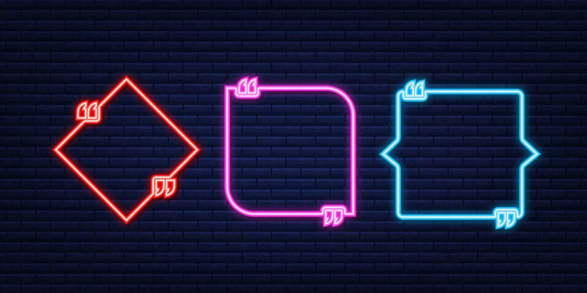 Quote set. Vector Neon Quote Box, Shining on Blue Background. Vector illustration