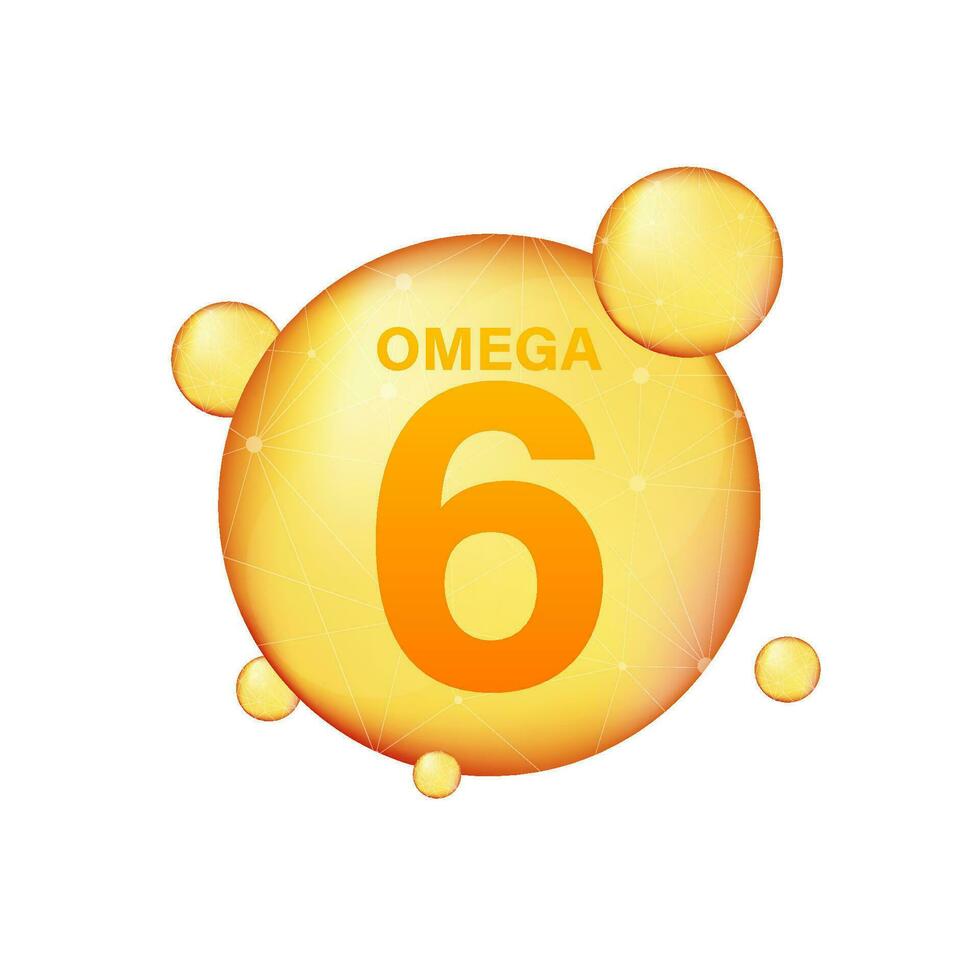 Omega 6 gold icon. Vitamin drop pill capsule. Shining golden essence droplet. Vector stock illustration.