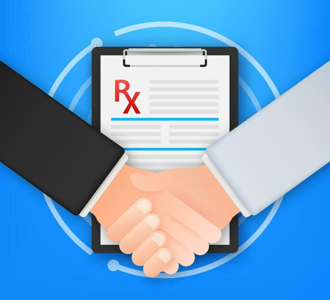 Shaking hands. Blank Rx prescription form isolated on white background. Vector stock illustration.