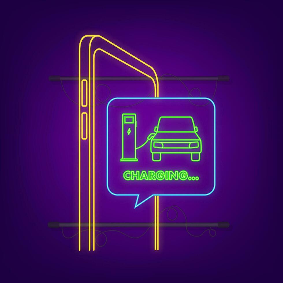 Neon EV charging station banner. Vector stock illustration.