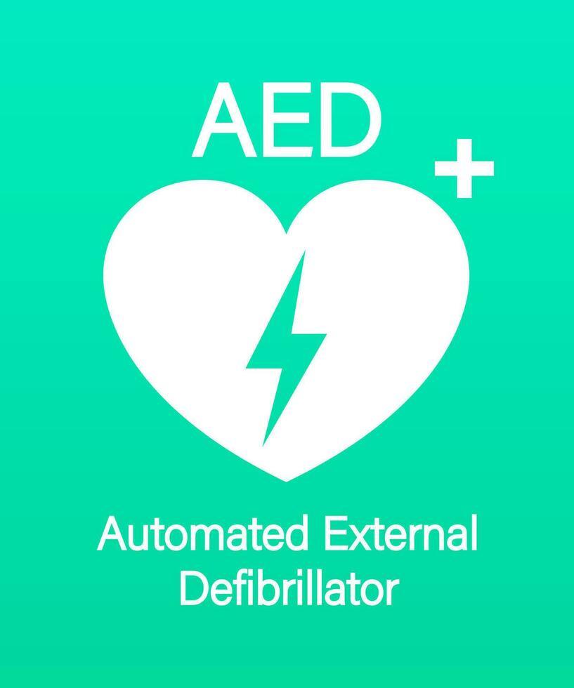 Emergency first aid defibrillator sign. White heart icon and white cross icon. Vector stock illustration
