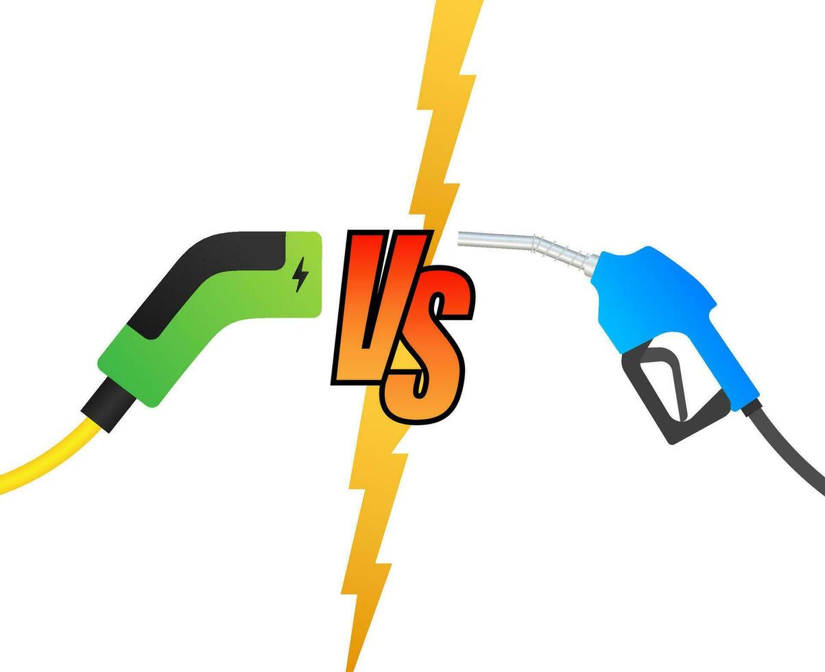 Electric car and fuel fight. Gas fuel vs ev plug charg. Vector stock illustration