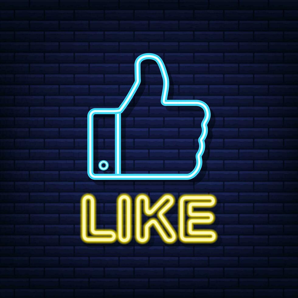 Blue like neon on light background. Thumb up icon. Hand like. Social media network. Vector stock illustration
