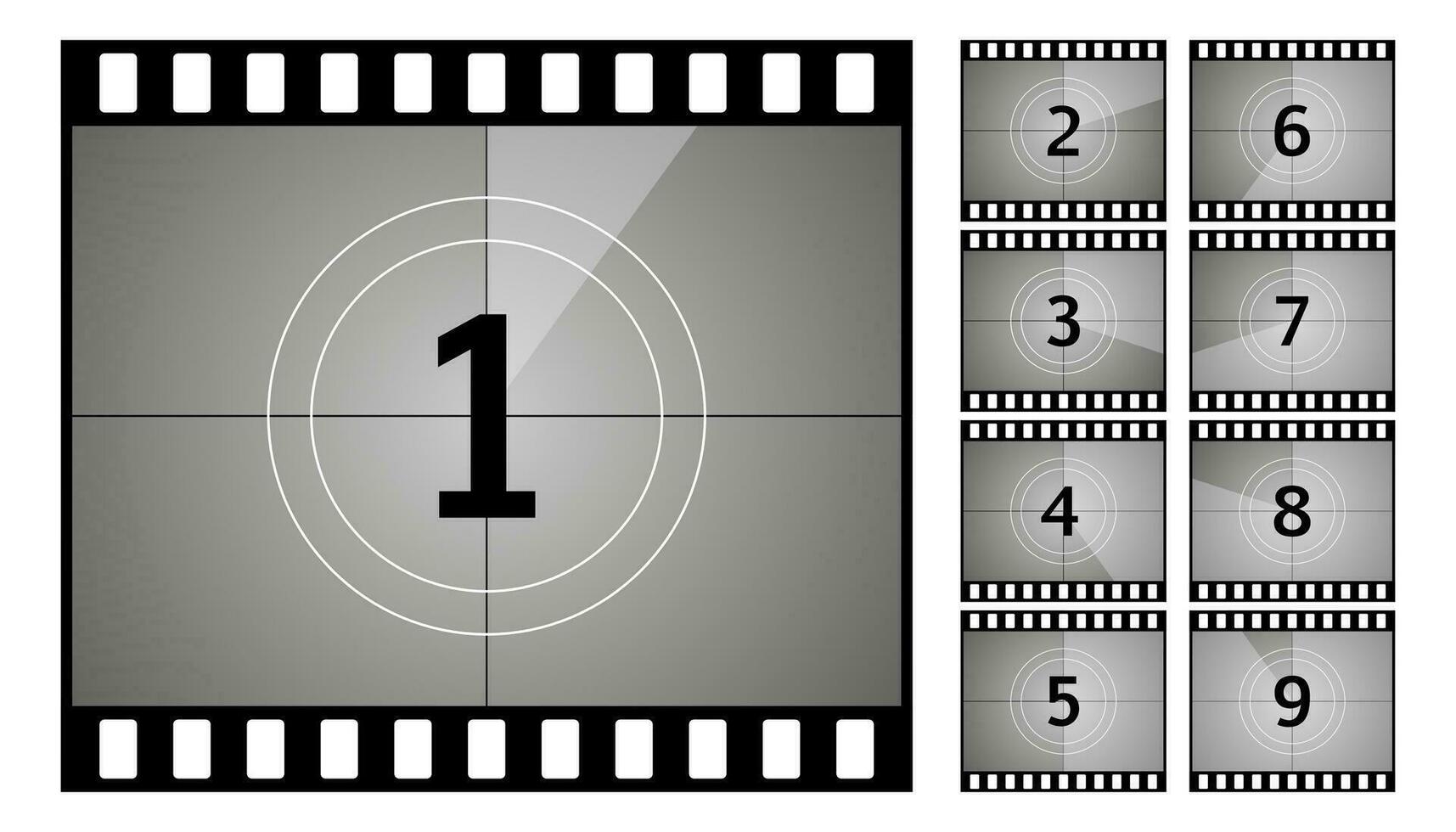 Vintage retro cinema. Countdown frame. Art design. Old film movie timer count. Vector illustration.