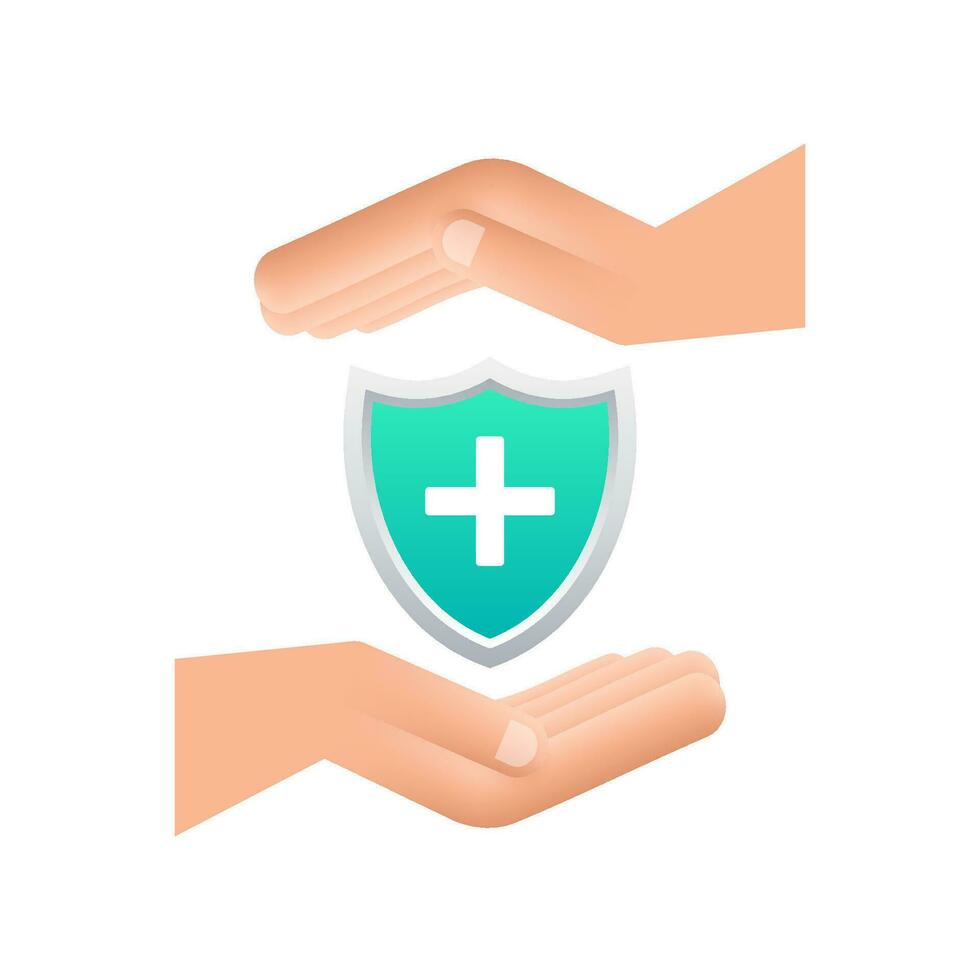 Health insurance. Hands holding insurance sign. Medical protection, medical insurance concepts. Flat design. Vector stock illustration
