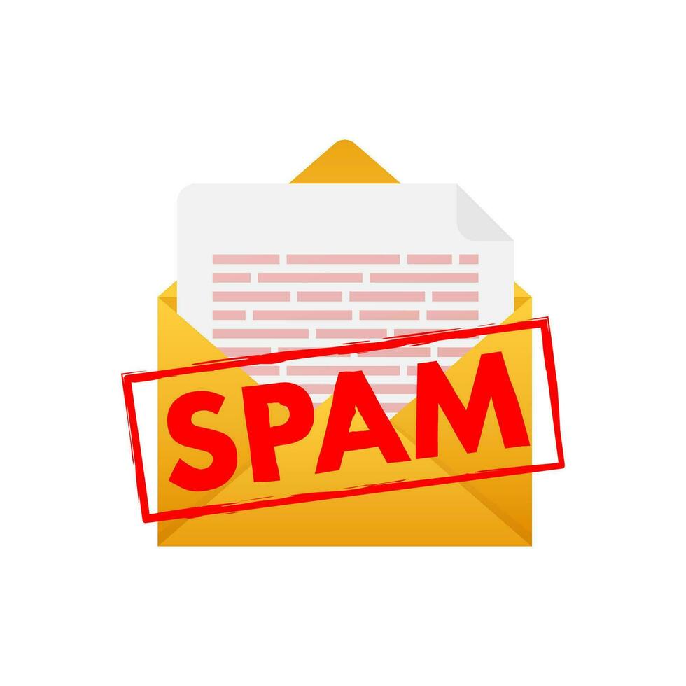 No spam. Spam Email Warning. Concept of virus, piracy, hacking and security. Envelope with spam. Vector illustration