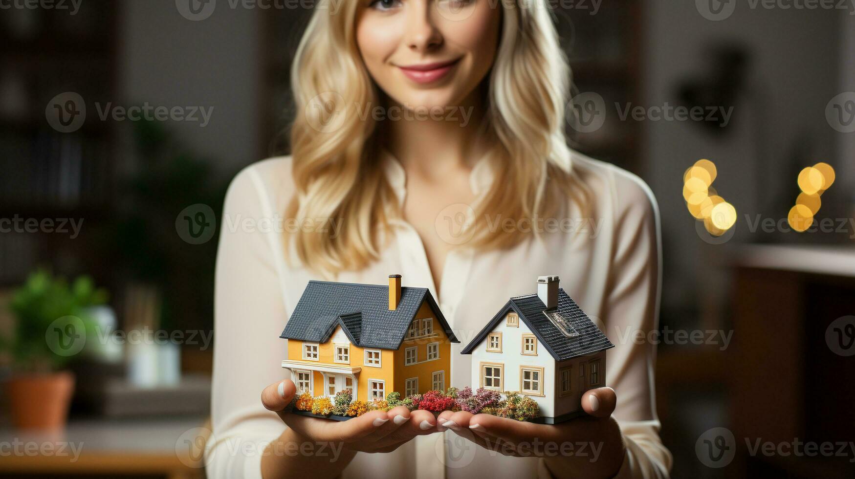 A female real estate agent holding a miniature house in front of her - generative AI. photo