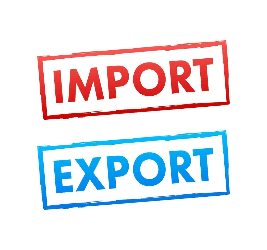 Port crane lift two red cargo containers with import and export words. Vector stock illustration