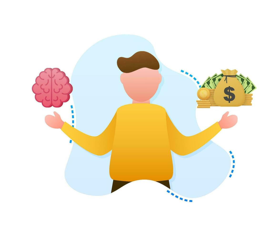 Man choosing between two options brainwork and money. Vector stock illustration.