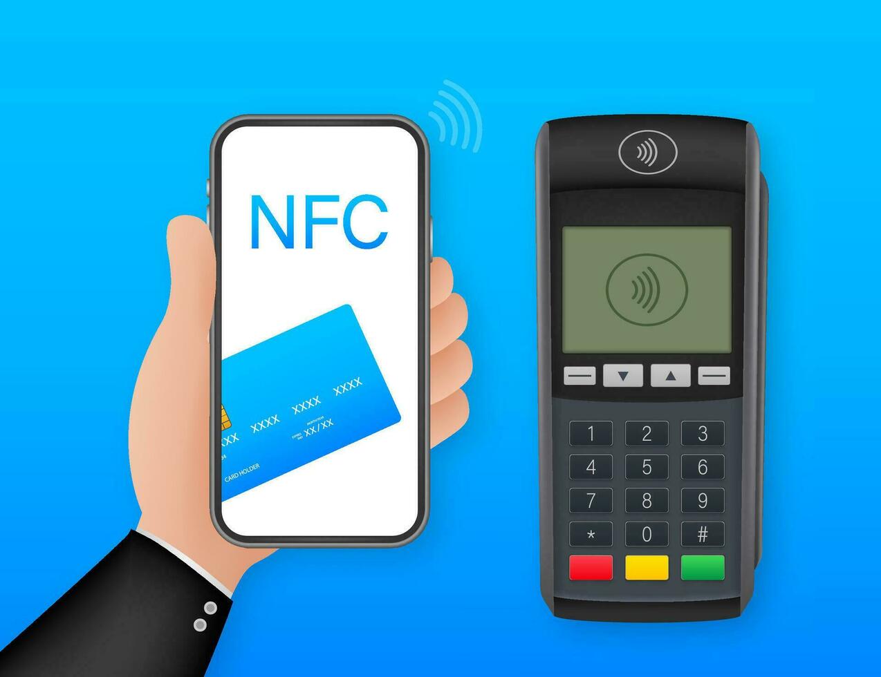 Contactless Payment Methods Mobile smart phone and wireless POS Terminal realistic style. Vector stock illustration.
