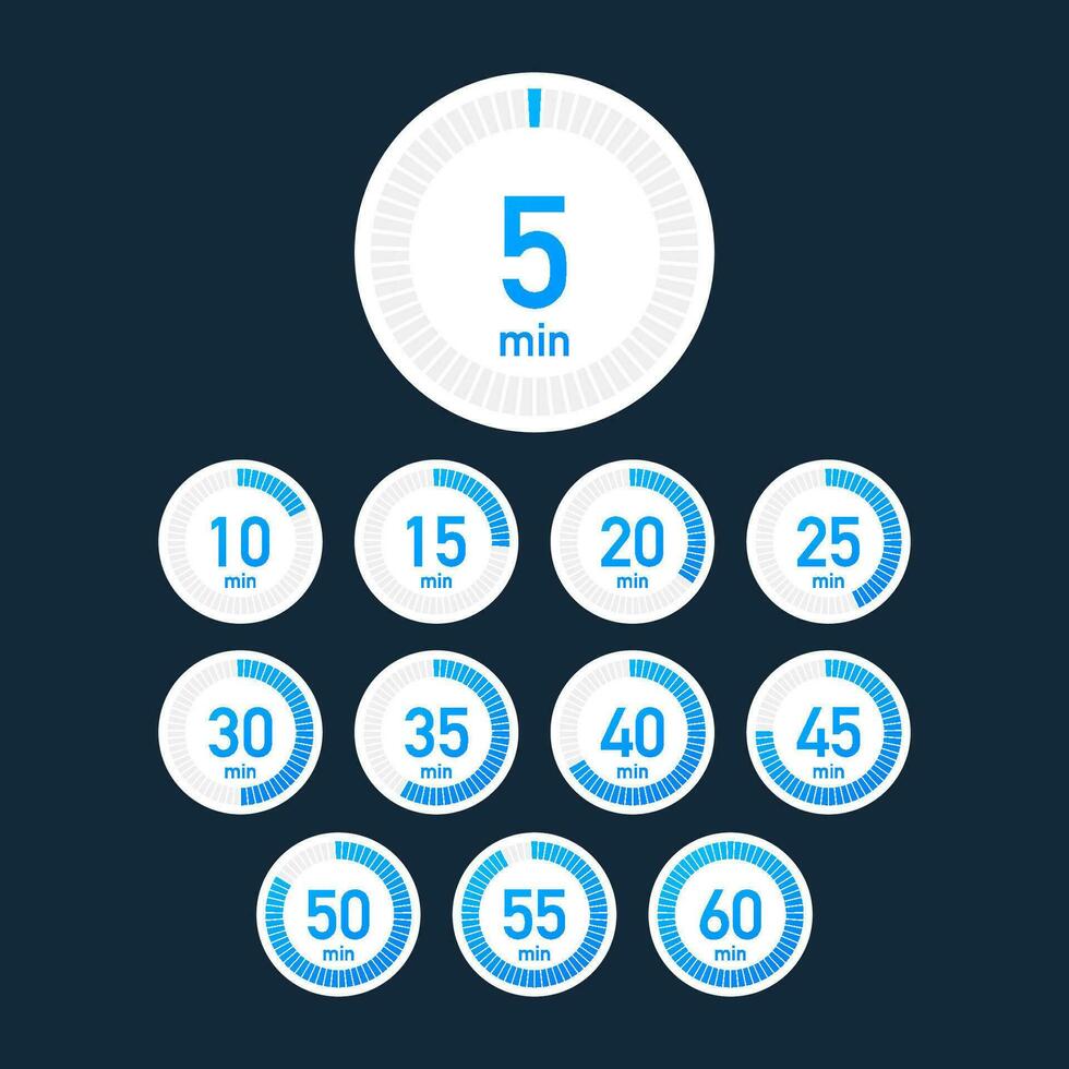 Set of timers. Sign icon. Full rotation arrow timer. Colored flat icons. Set of 12 timer icons. Flat Design Vector Illustration