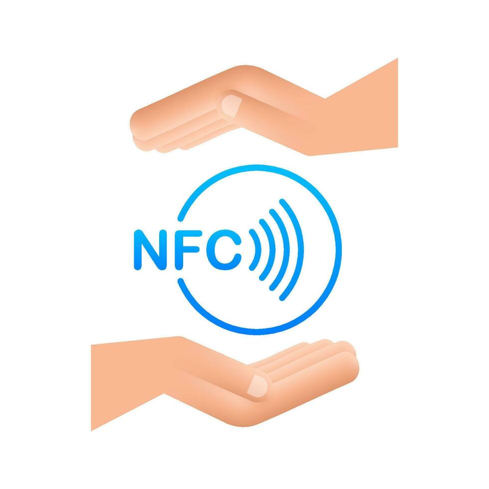 Contactless wireless pay sign in hands logo. NFC technology. Vector stock illustration