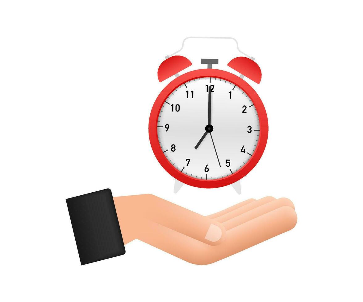 Alarm clock, wake up time in hands on white background. Vector stock illustration