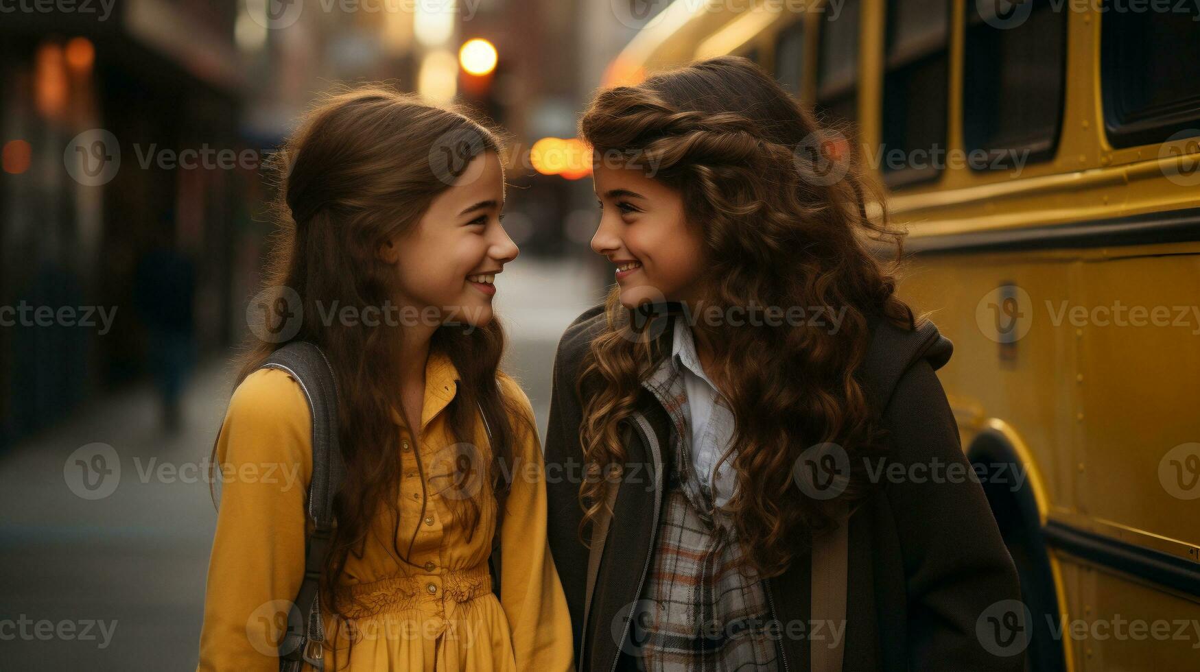 Two young student girlfriends wearing backpacks laughing near the school bus - Generative AI. photo