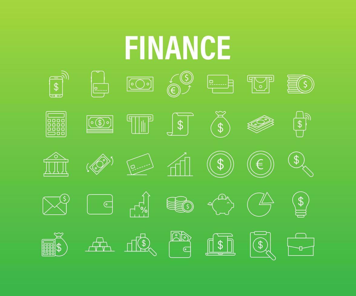 dinero, finanzas, pagos conjunto contorno web icono vector valores ilustración.