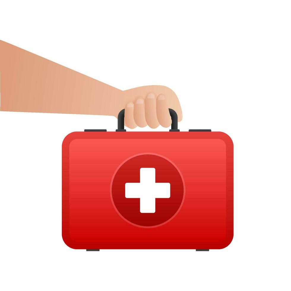 Cartoon icon with red first aid on white background for medical design. Flat vector illustration.