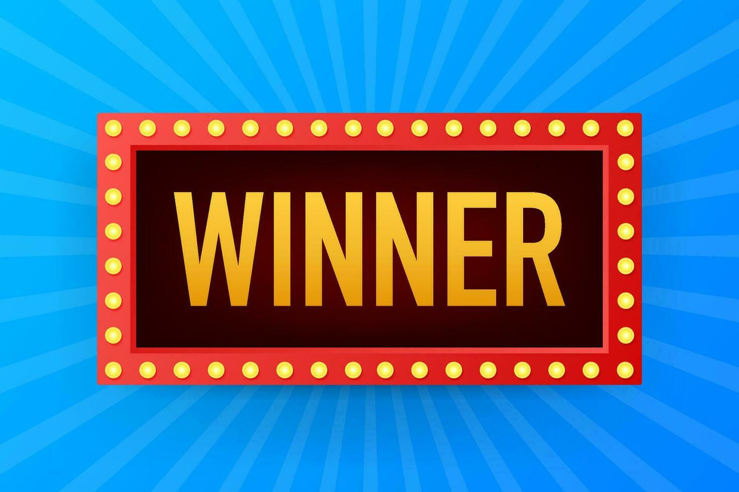 The winner retro banner with glowing lamps. Poker, cards, roulette and lottery. Vector illustration.