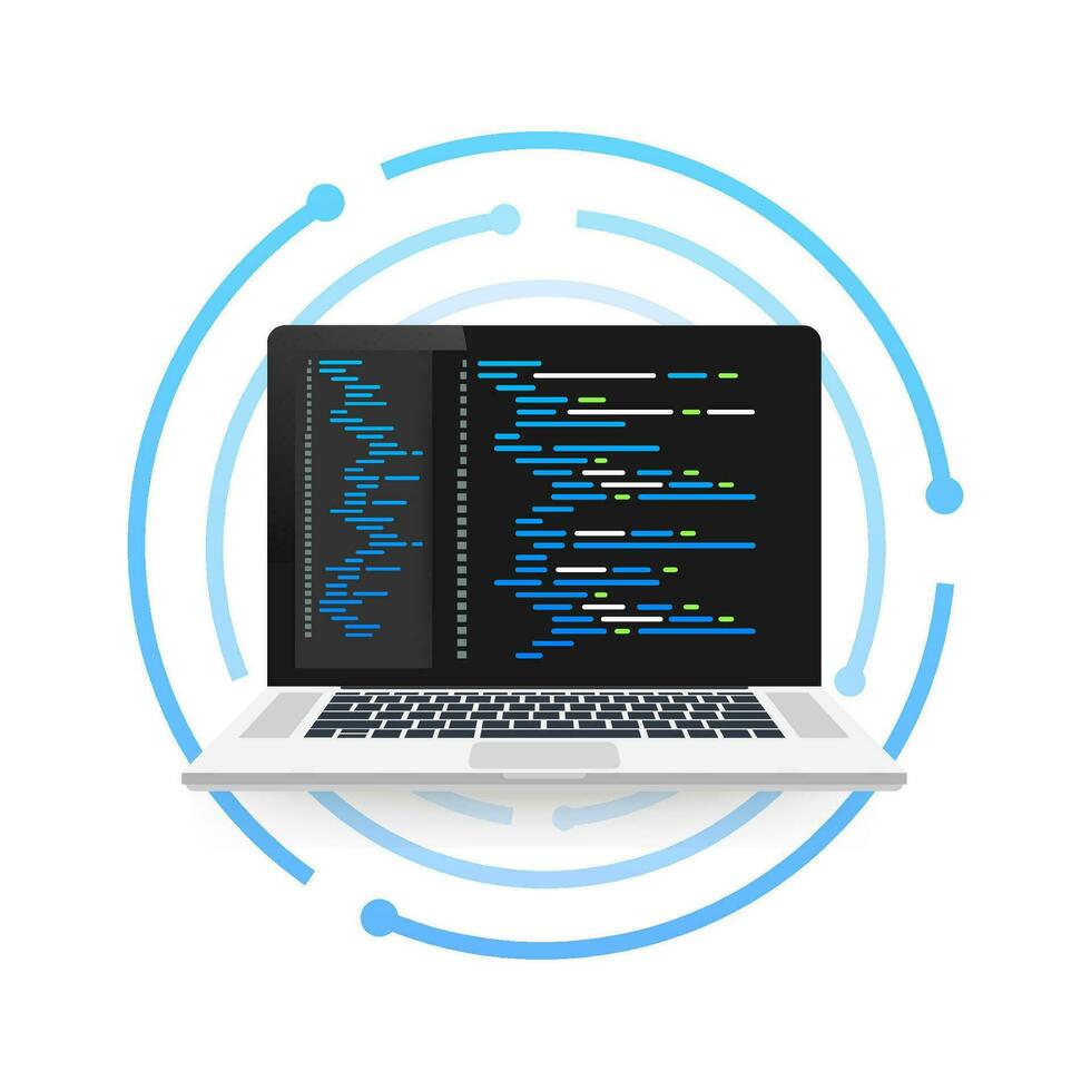 Vector laptop coding concept. Web developer, design, programming. Laptop screen code. Vector illustration