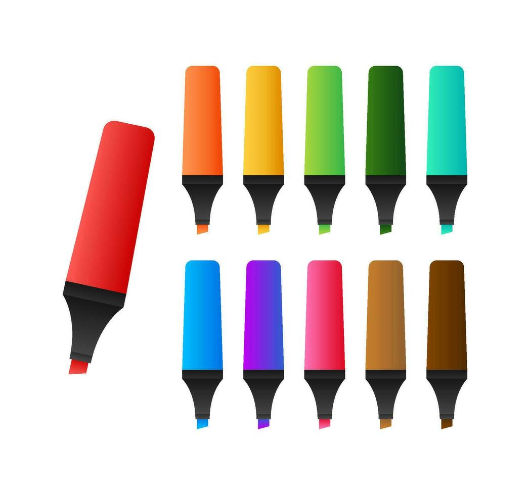 Highlighter pen marker set. School tools. Office supplies. Vector stock illustration