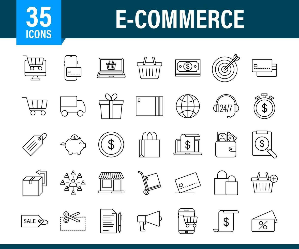 Shopping set icon for web design. E commerce. Discount coupon. Business icon. Price tag. Line vector. Vector stock illustration