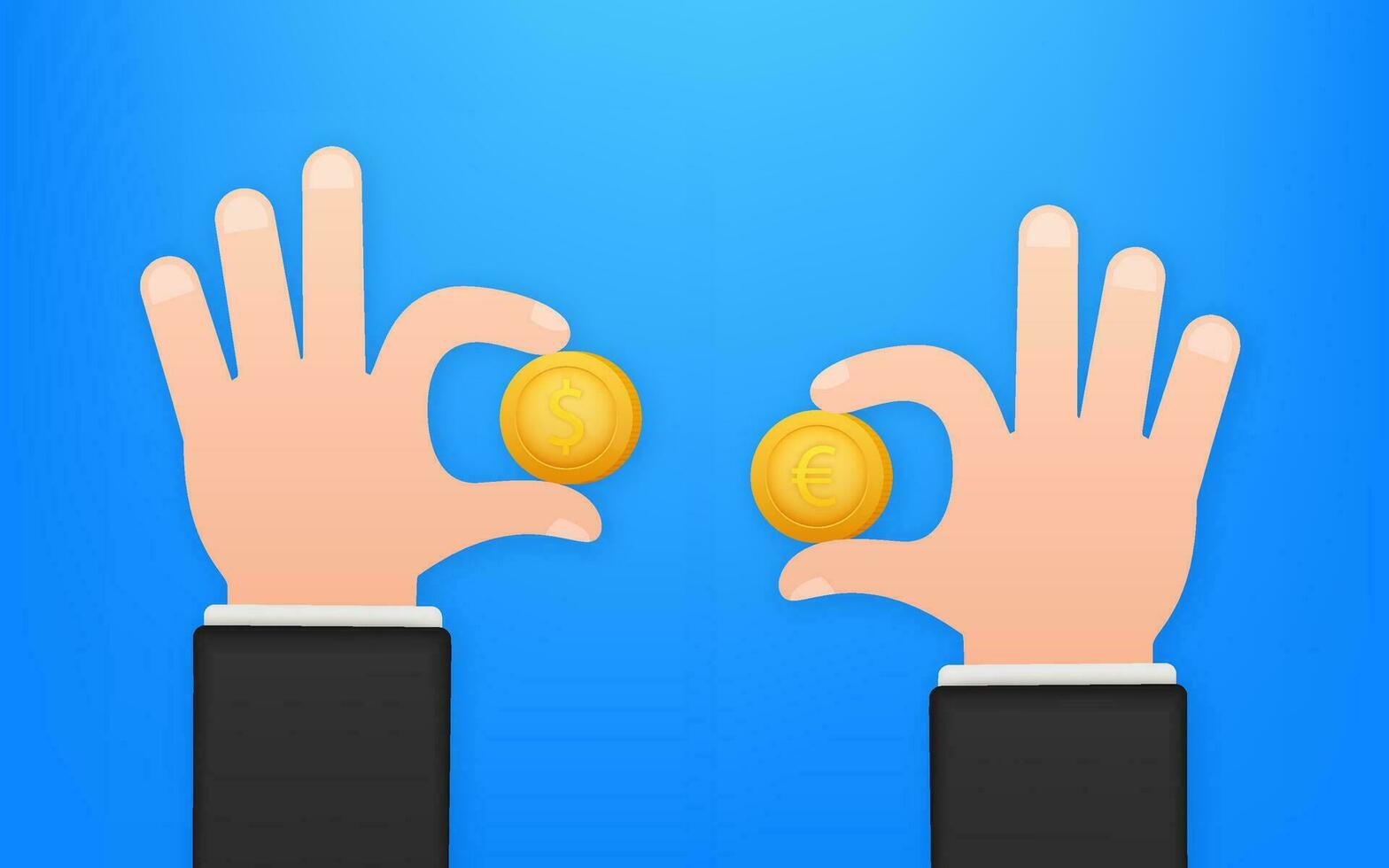 Currency exchange. Coin with dollar, euro sign. Hand and coin. Vector stock illustration