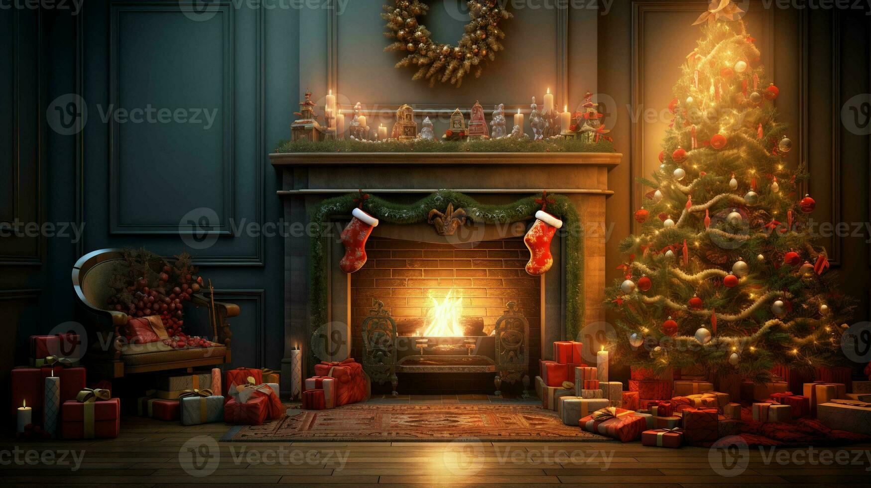 acogedor Navidad interior con un brillante árbol, chimenea, y regalos foto