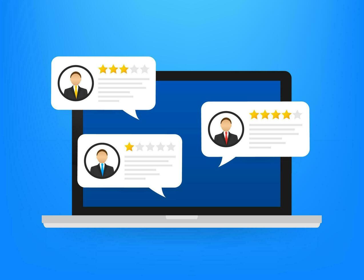 Review rating bubble speeches on laptop illustration, flat style smartphone reviews stars with good and bad rate and text vector
