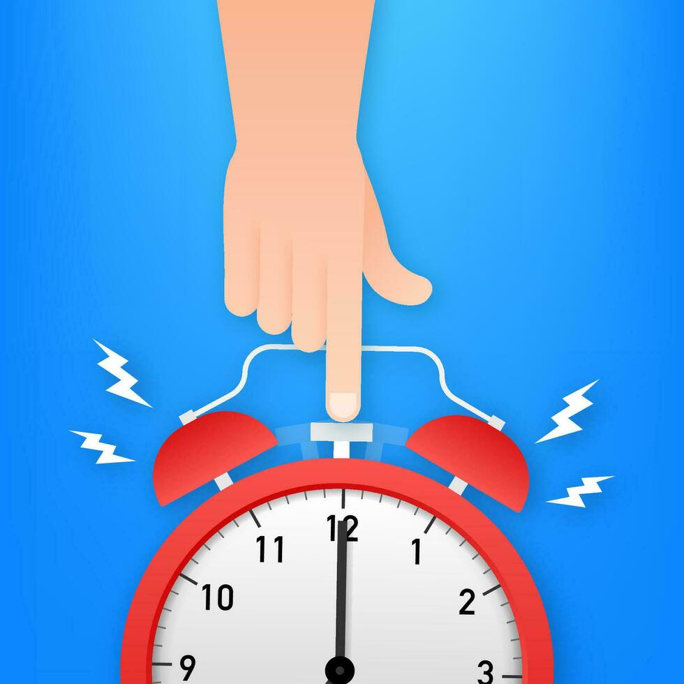 Wake up poster with alarm clock and hand pushing. Vector illustration