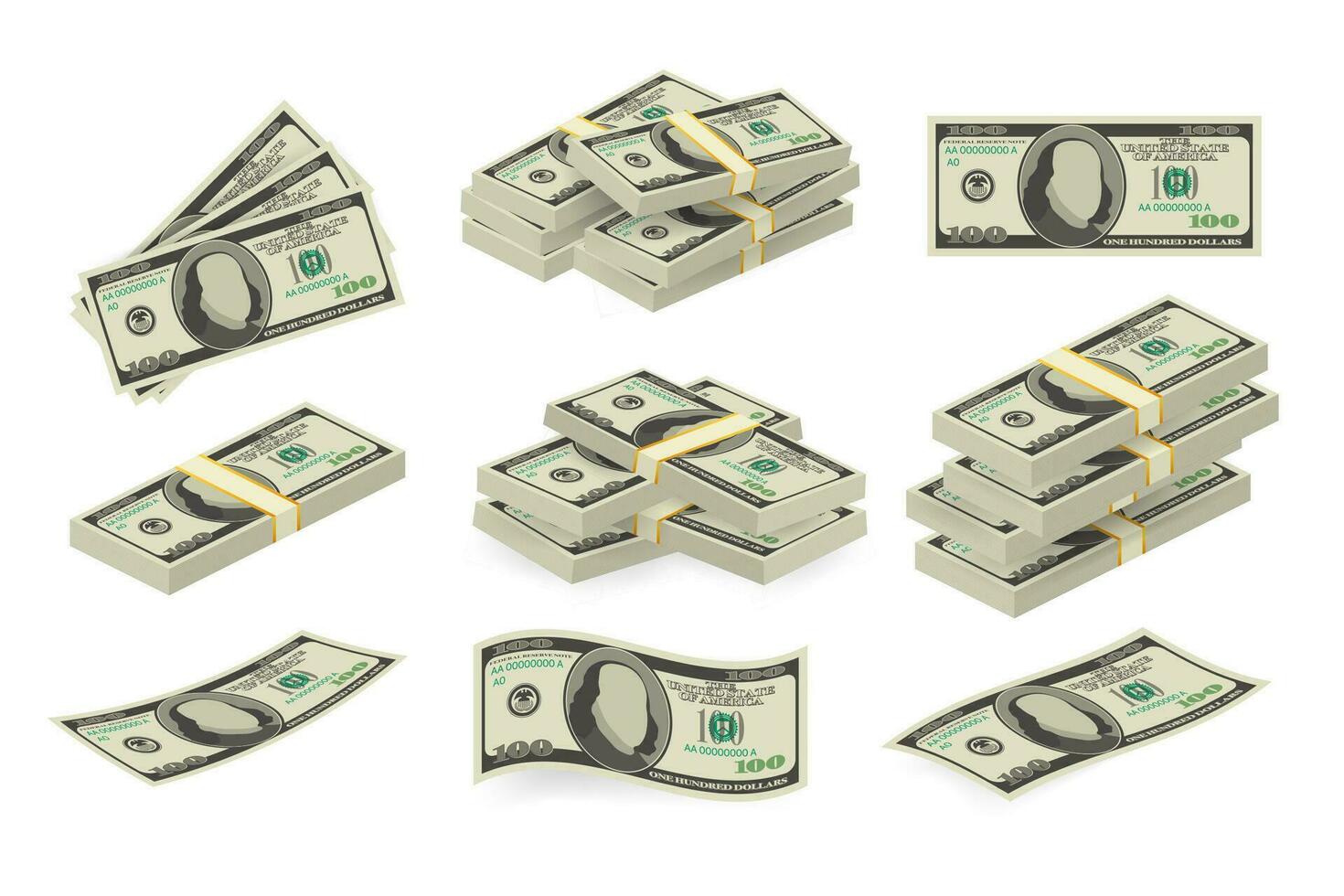 Various money bills dollar cash paper bank notes vector set. Money cash heap. Vector stock illustration