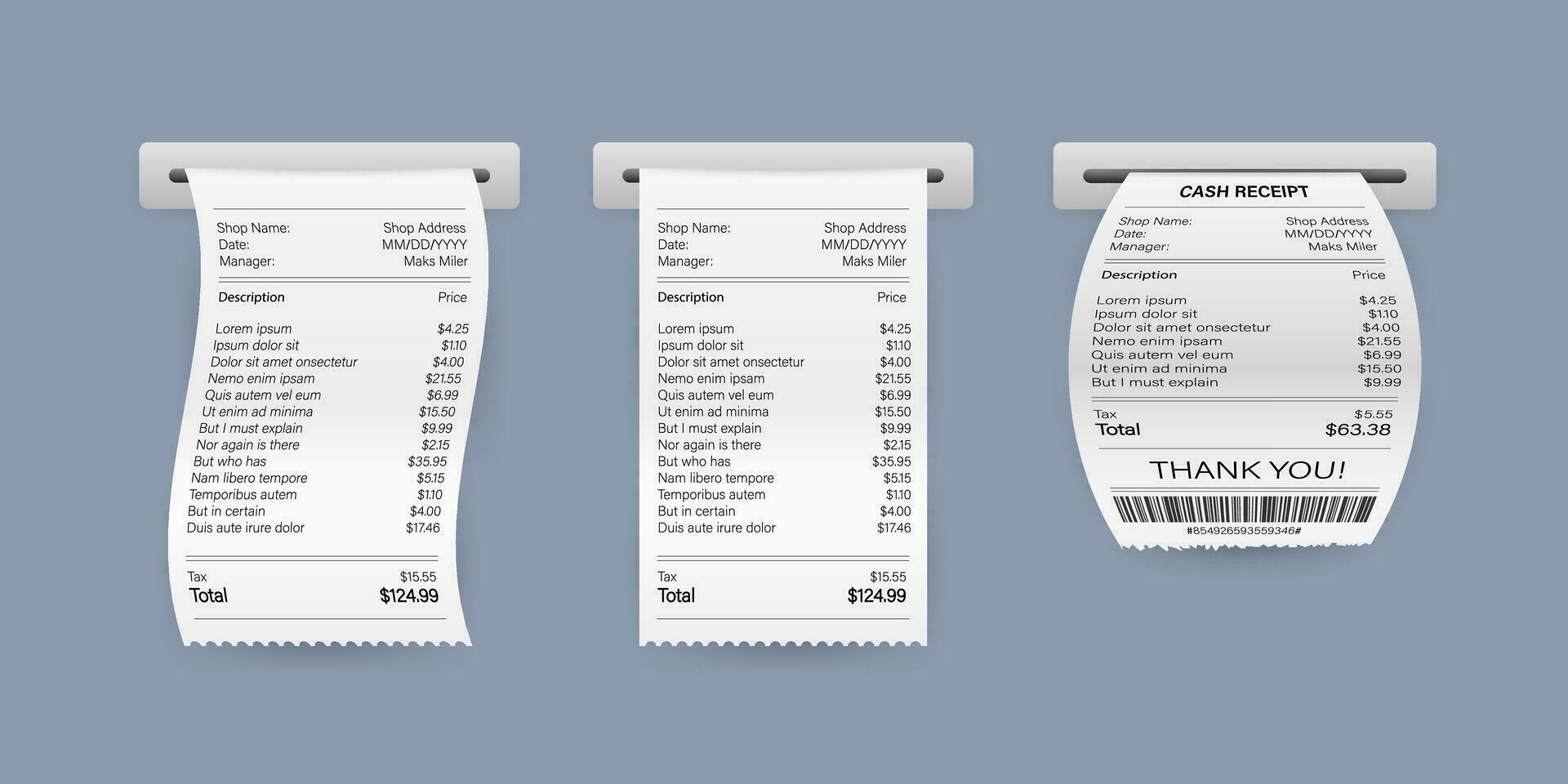 Receipts vector illustration of realistic payment paper bills for cash or credit card transaction. Vector stock illustration