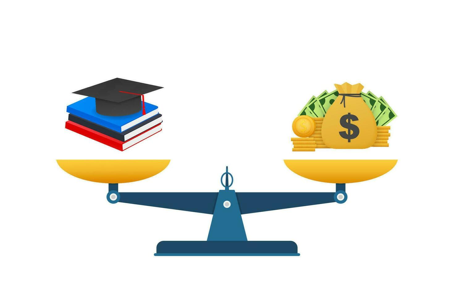 Concept of investment in education with coins books and scales. Vector stock illustration