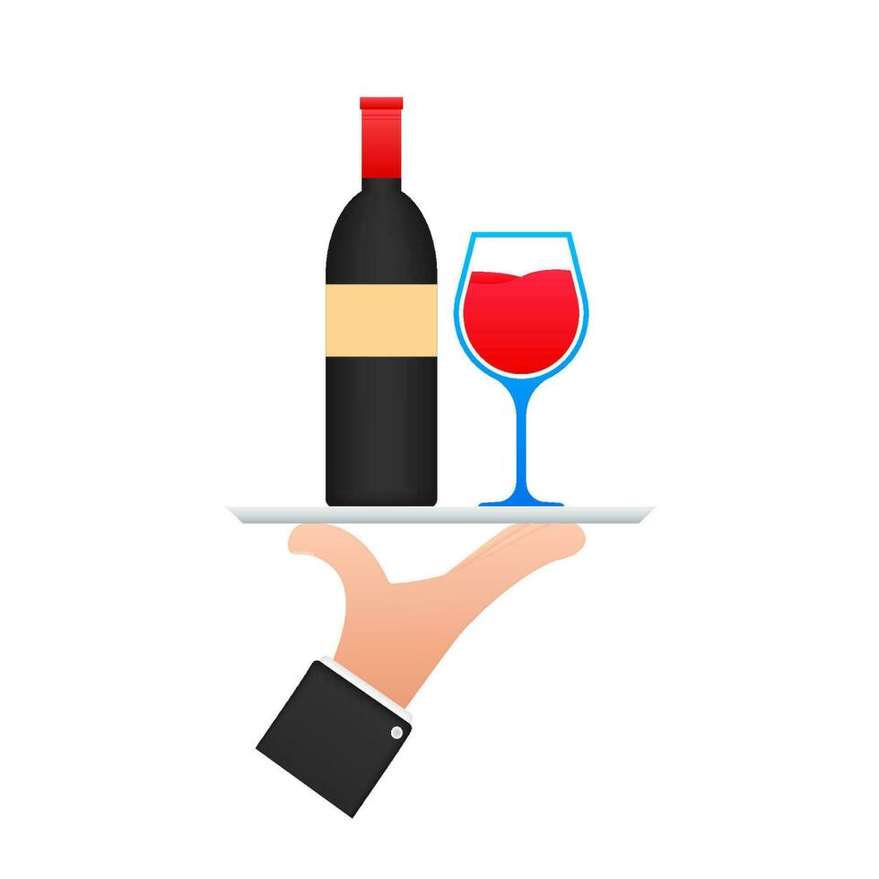 Wine waiter in flat style on red background. Vector illustration, flat. Hand drawn illustration. Sketch drawing. Vector wine glass icon