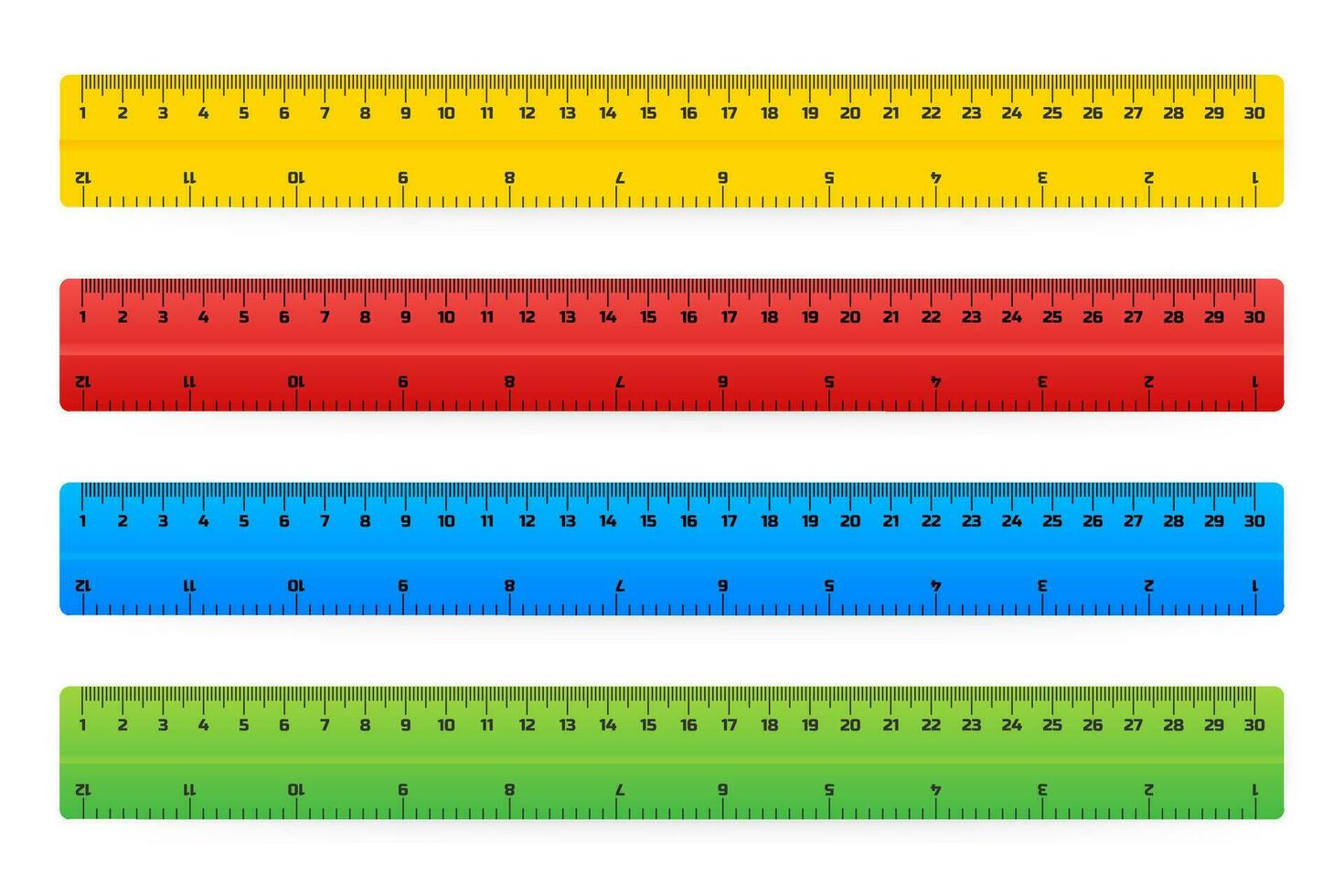 Wooden rulers 30 centimeters with shadows isolated on white. Measuring tool. School supplies. Vector illustration.